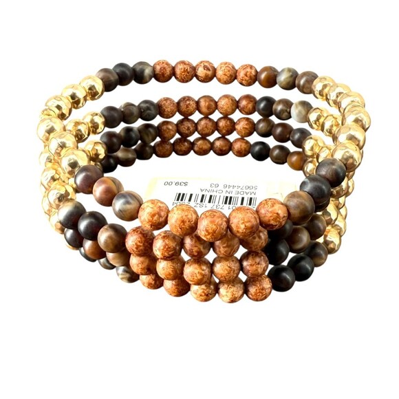 J. Jill Beaded Bracelet Stretch Wood Gold Tone Multi Strand Rustic Boho Earthy - Picture 4 of 10